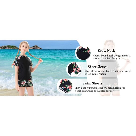 Girls Butterfly Print Two-Piece Short sleeve Rash Guard Swim Shorts Set 14T - Picture 6 of 10